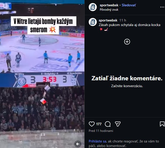 Sportwebsk (Pravda) zachytil moment, keď visiaci kus padá. Titulok reelu: „V Nitre lietajú bomby každým smerom". Caption: „Zásah pukom schytala aj domáca kocka."